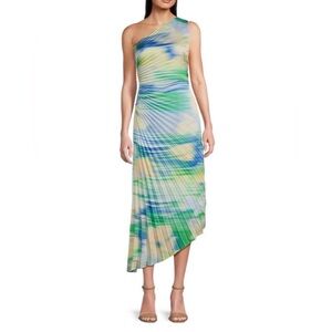 Belle Badgley Mischka NWT 6 Kelsey Accordion Pleat One Shoulder Dress Blue Green